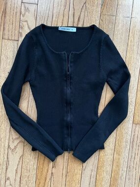 REORIA Black Ribbed Double Zip-Front Women's Top Sweater Y2K Basic